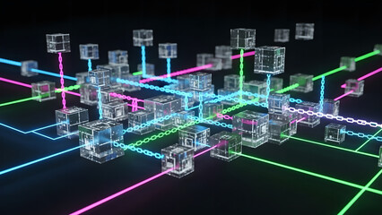 Abstract network of glowing cubes connected by colorful light lines on a dark background