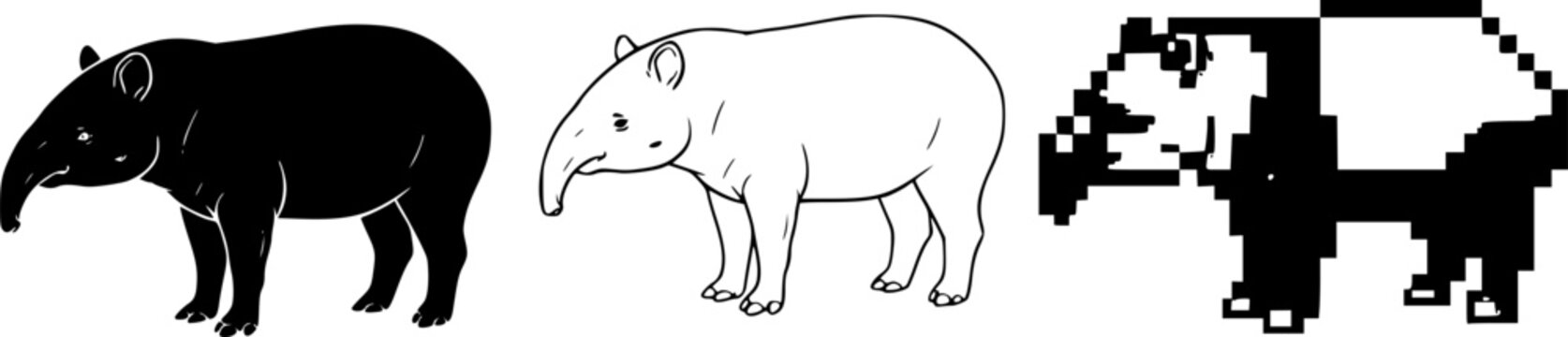 Unique tapir designs: silhouette, outline, and pixel variations