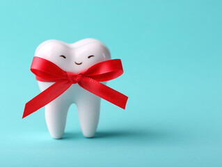 A model of a white tooth with a red ribbon on a turquoise background. A gift concept for dental care. Promotion of dental health and oral hygiene. The clinic's promo banner with space for the text.