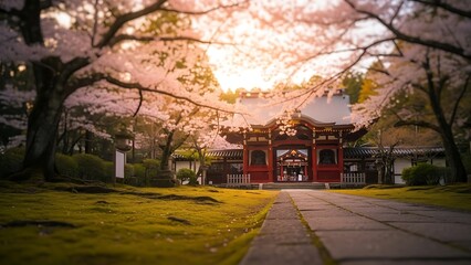 Japanese Temple Gate Under Cherry Blossoms in Springtime.