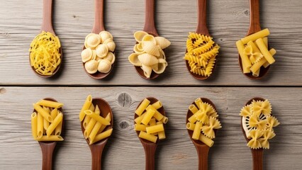 Ten wooden spoons display various dry pasta shapes on wood.