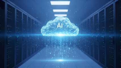 Futuristic ai brain cloud glowing with data streams in a modern server room