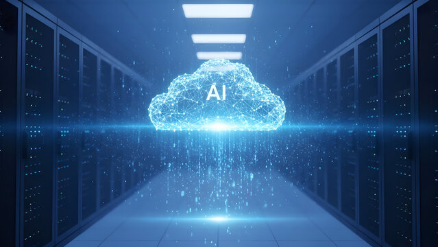 Futuristic ai brain cloud glowing with data streams in a modern server room