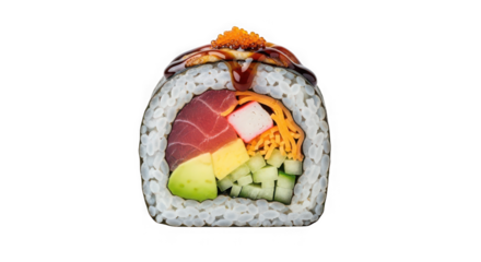 A single piece of sushi roll with tuna, avocado, cucumber, and egg, topped with sauce and roe, of transparent