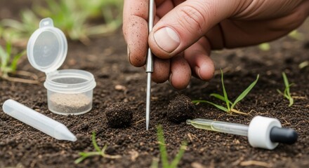 Soil analysis in progress near petri dish and dropper tools, hand carefully conducting experiments. Analyzing soil involves precise measurements and careful collection of samples from fields.