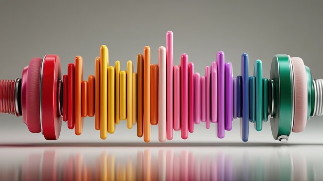 Colorful sound wave pattern made of standing discs for music and audio backgrounds.

