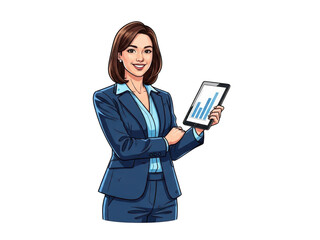 Smiling businesswoman in blue suit presenting a rising bar chart on a digital tablet, isolated on transparent background