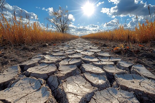 Bright sun shining over arid cracked ground high resolution picture