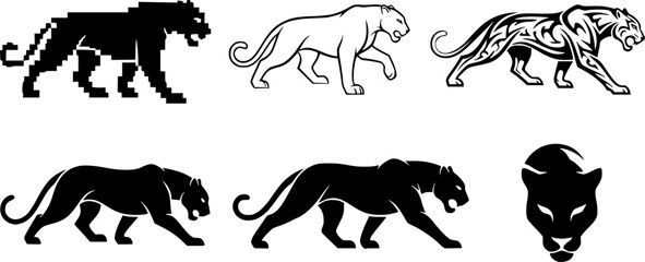 Naklejka premium Stylized panther designs in various artistic styles including pixel and sketch 