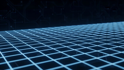 Abstract glowing blue grid lines receding into dark starry space background