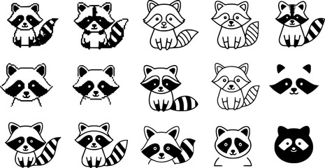 Naklejka premium Cute raccoon collection in diverse styles featuring pixel and sketch designs 