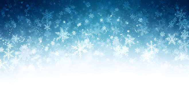 Abstract blue and white winter background with falling snowflakes and a snow border bottom