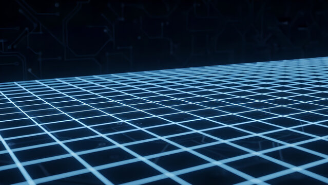Abstract glowing blue grid lines receding into dark starry space background