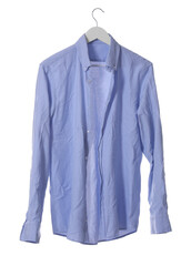 Hanger with light blue creased shirt isolated on white