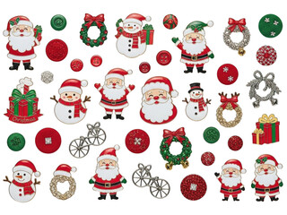 Collection of various cute christmas elements including santa claus snowman gift box wreath and bicycle isolated on transparent background