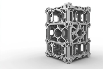 Advanced multi layered aluminum frame cube with intricate architectural details and complex metal components on white background, precision engineering concept.