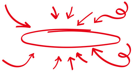 Red Hand Drawn Arrows and Oval. Sketch Collection for Highlighting, Focusing Attention, Annotation, and Graphic Design Emphasis Element.