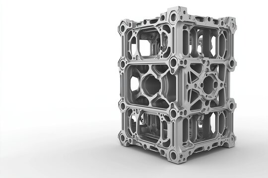 Advanced multi layered aluminum frame cube with intricate architectural details and complex metal components on white background, precision engineering concept.