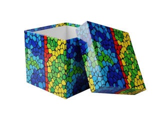 Colorful mosaic patterned gift box with open lid isolated on transparent background for celebration or surprise concept