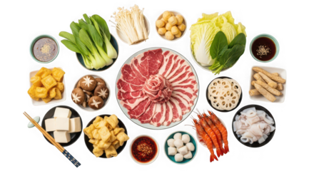 Assortment of hot pot ingredients including thinly sliced beef, bok choy, mushrooms, tofu, shrimp, and dipping sauces of transparent