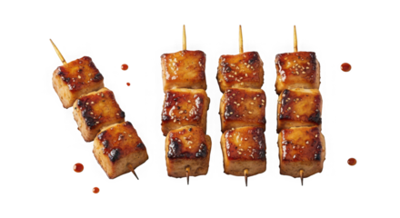Four skewers of grilled tofu glazed with a sweet and savory sauce of transparent