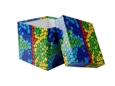 Colorful mosaic patterned gift box with open lid isolated on transparent background for celebration or surprise concept
