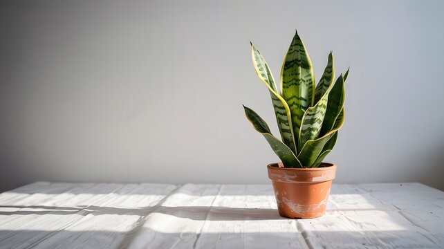 A tall potted snake plant with striking green and yellow striped leaves bathed in soft sunlight