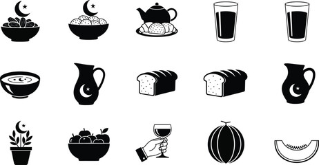 Collection of food and drink icons in black and white