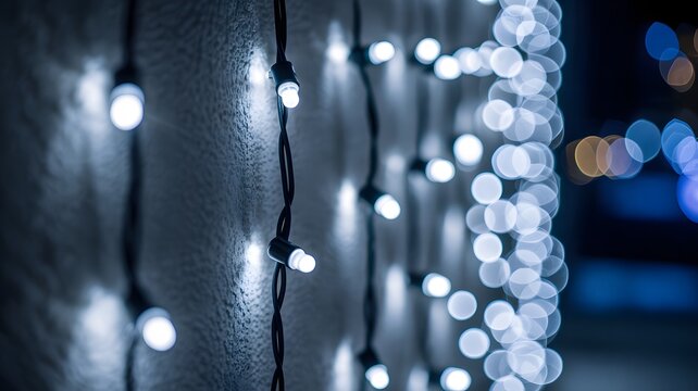 Softly glowing white fairy lights create a dreamy bokeh effect against a dark blurred background