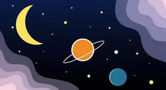 Cosmic illustration crescent moon planets and stars against dark sky