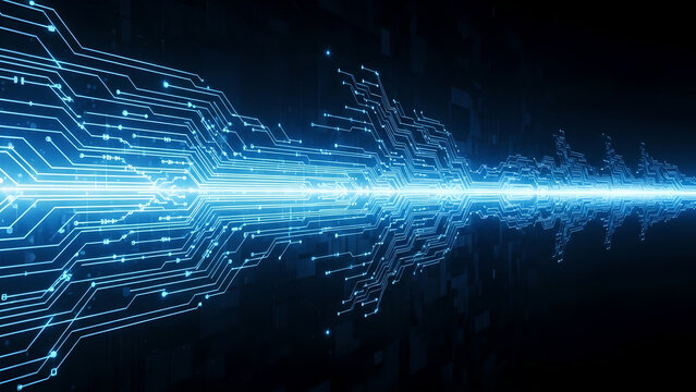 Abstract glowing blue digital circuit board with bright light stream in the center