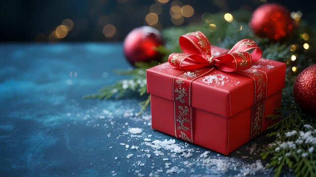 Festive red christmas gift boxes tied with ribbon nestled amongst evergreen branches and baubles