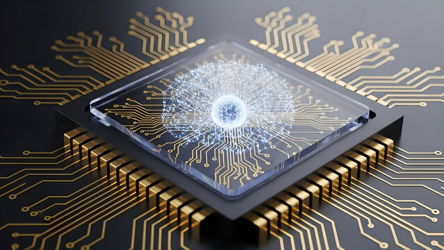 Close up of a futuristic microchip with glowing circuits and a central digital brain
