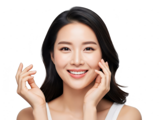 Beautiful young asian woman touching her flawless, healthy skin with a bright smile, isolated on transparent background