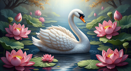Elegant 3D Swan in Lotus Garden Pool, Wall Decor, 3D Relief Mural, 3D Floral Wallpaper, 3D Wall Mural, 3D Floral Background, 3D Floral Art.