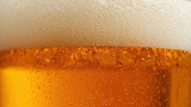 Close up of golden beer with frothy white head and bubbles - Powered by Adobe