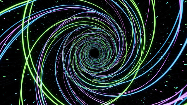 Abstract swirling vortex of neon lights creating a cosmic tunnel effect with a dark background