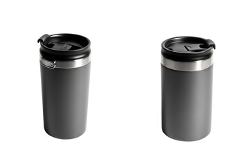 Two grey reusable travel mugs with lids for hot drinks isolated