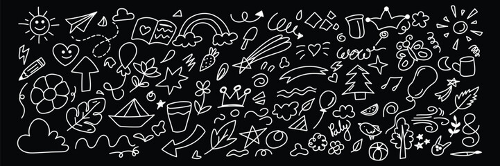Black doodle motif sheet, Dark themed sketch icons, Night mode doodle art