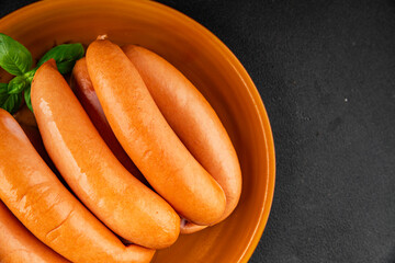 Sausage meat pork or chicken meat fast food natural tasty appetizer fresh delicious gourmet food background on the table rustic top view copy space