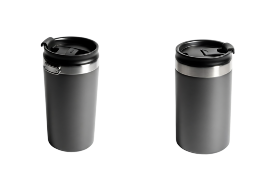 Two grey reusable travel mugs with lids for hot drinks isolated