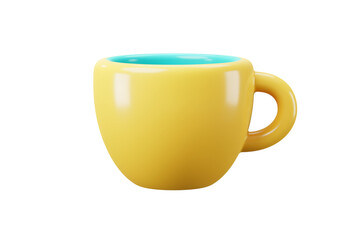 Whimsical yellow mug with brightblue interior isolated on transparent background
