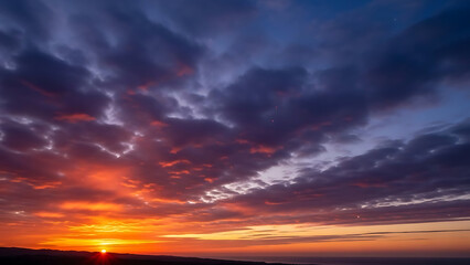 Obraz premium A dramatic and fiery sunset painting the sky with vibrant orange, purple, and blue hues over the distant ocean horizon