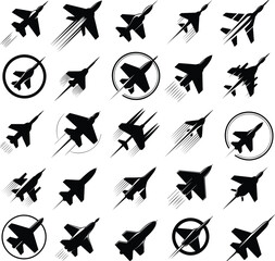 Jet silhouette icon set, fast military aircraft symbols, modern aviation speed graphics, dynamic airplane vector collection