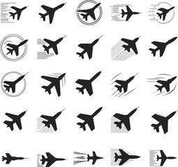 Jet silhouette icons, fast aviation symbols, military aircraft speed graphic set, modern airplane vector illustration pack