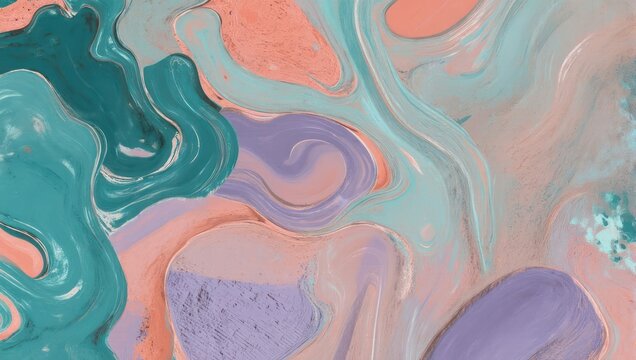 Abstract fluid art piece with swirled teal, coral, lilac, and grey tones