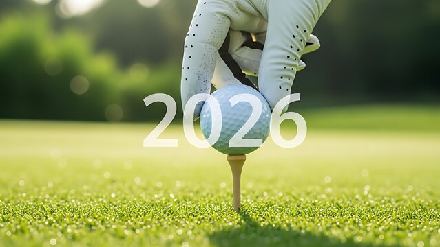 A golfer's hand places a golf ball on a tee, symbolizing preparation and setting goals for the year 2026