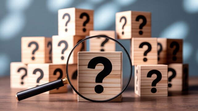 Seeking answers magnifying glass focusing on wooden blocks with question marks mystery concept