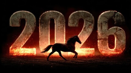 A shadowy horse in motion, captured against a backdrop of fiery numerals indicating the year 2026, symbolizing power and the passage of time.