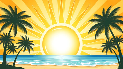 Fototapeta premium Sunny Paradise: Tropical Beach Scene with Palm Trees and Shining Sun
